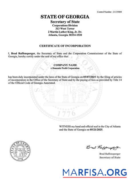 Downloadable USA Georgia certificate of incorporation Word and PDF template